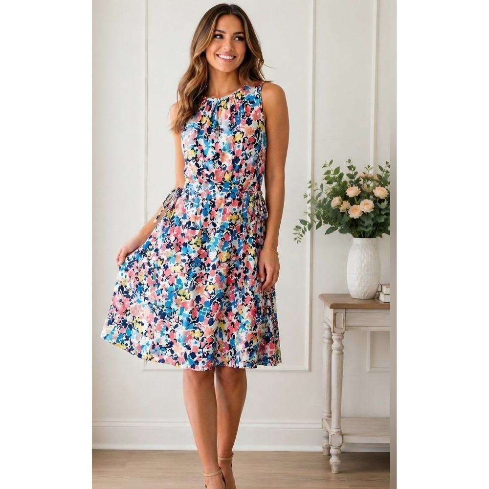 Juicy Couture Women XXL Floral Sleeveless Midi Dress Pink Blue Yellow A-Line